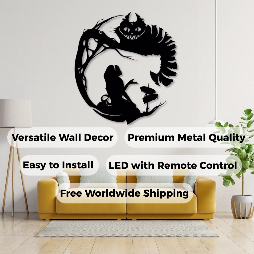 Fantasy circular metal wall décor with girl and whimsical figure.