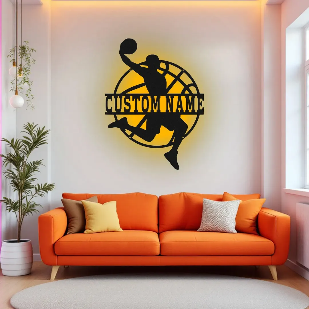 Yellow Basketball Dunk LED Silhouette Remote-controlled LED basketball dunk wall sign