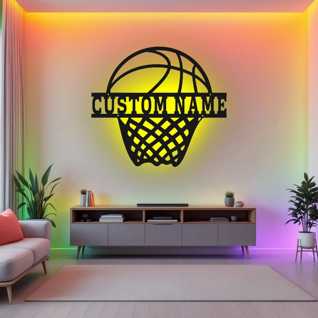 Yellow Basketball Net Silhouette basketball metal wall art easy to hang for home or gym