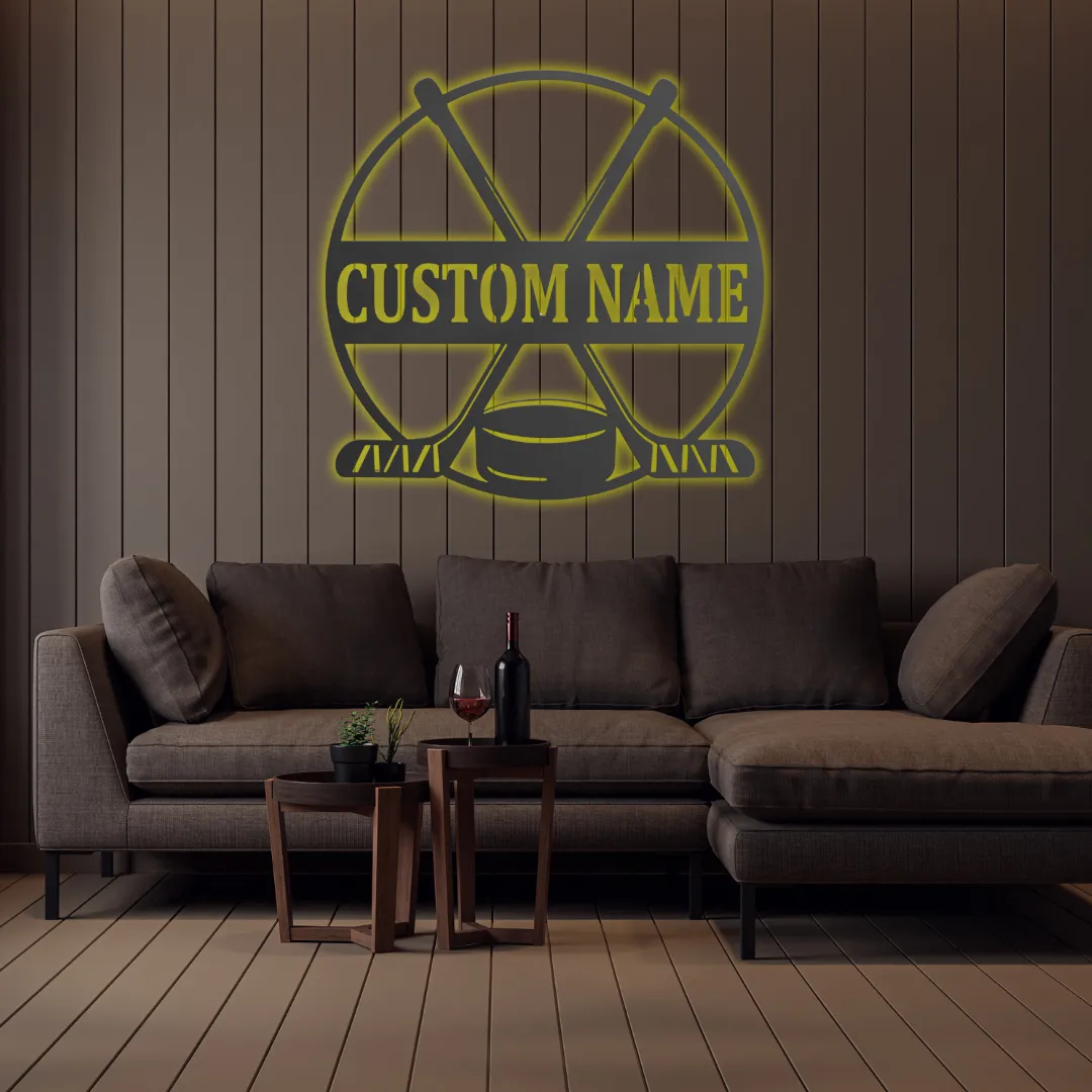 Yellow Hockey-themed round metal wall art with personalized text