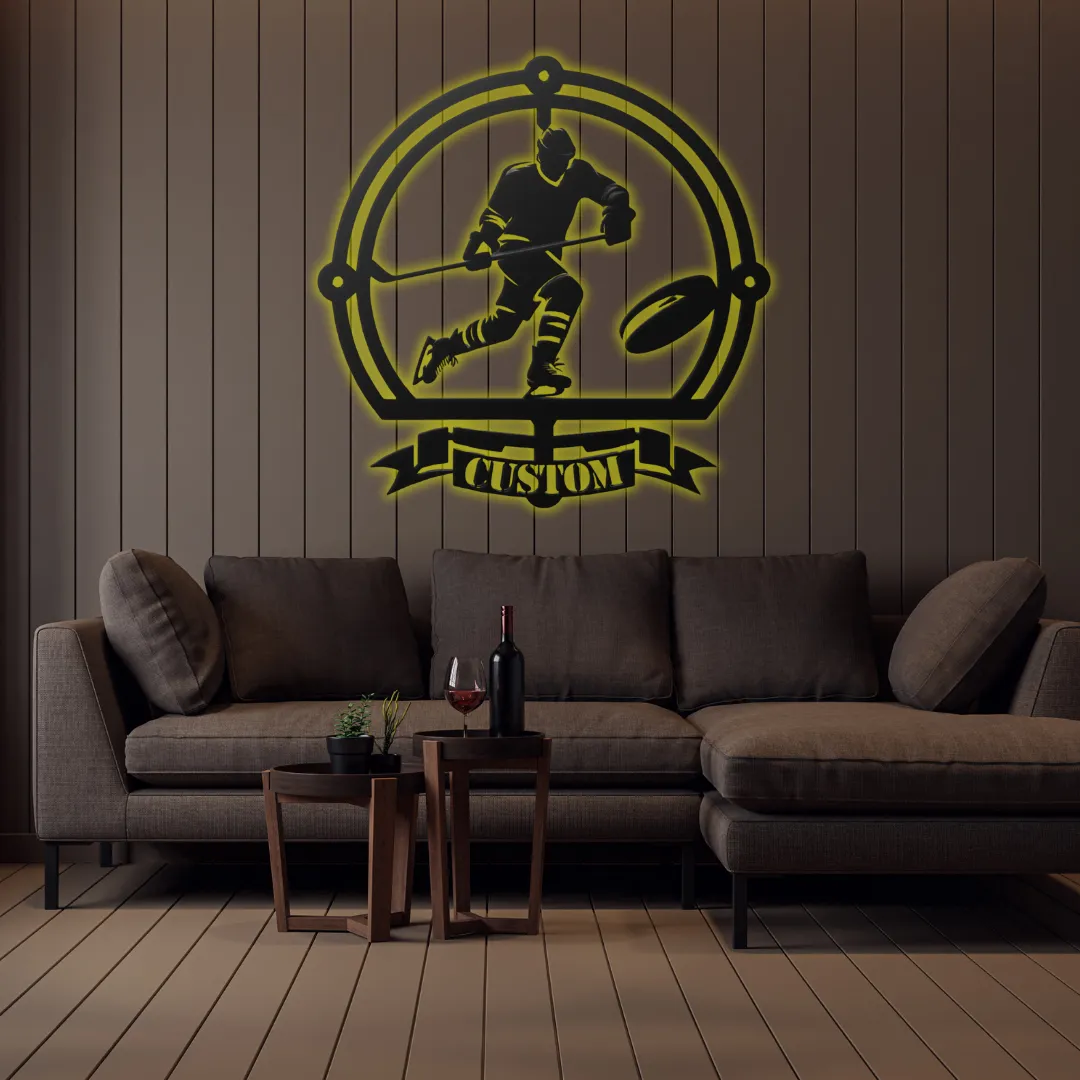 Yellow Custom hockey banner wall hanging with player silhouette