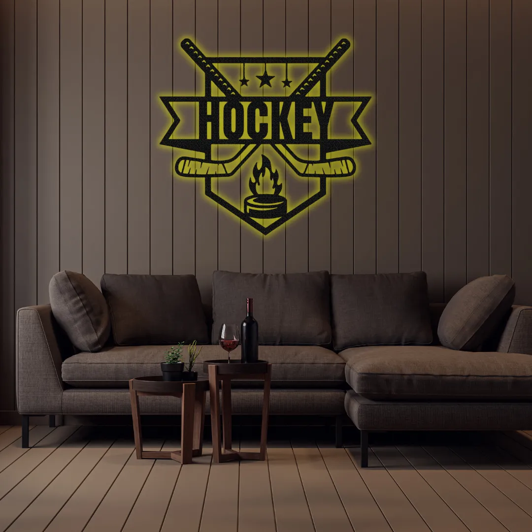 Laser cut hockey crest wall hanging with puck and sticks