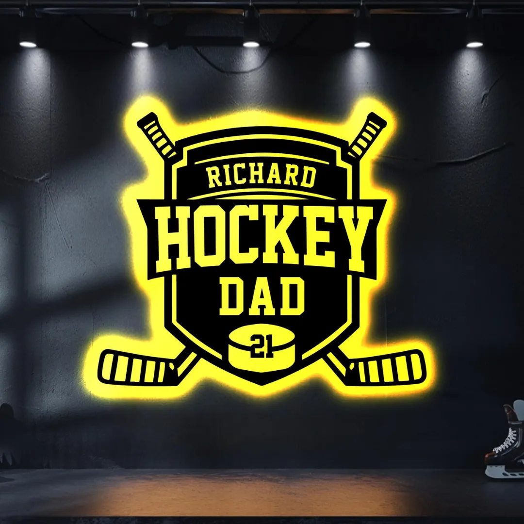 Custom hockey dad gift metal wall art shield design