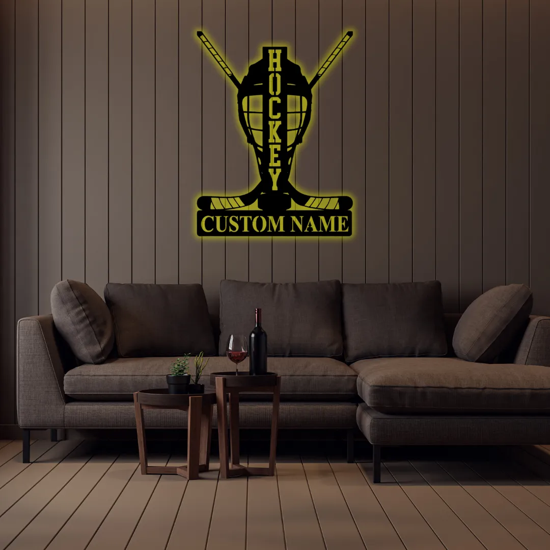 Yellow Laser cut hockey goalie mask wall hanging with name plate