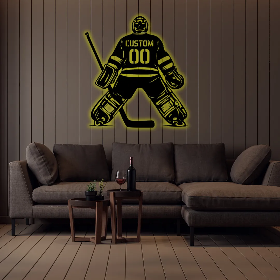 Yellow Goalie inspired hockey metal wall art for sports rooms