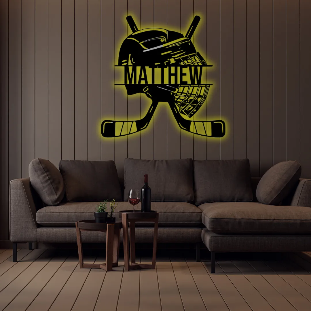 Yellow Hockey Helmet Silhouette Yellow Custom hockey name wall hanging with helmet and sticks design
