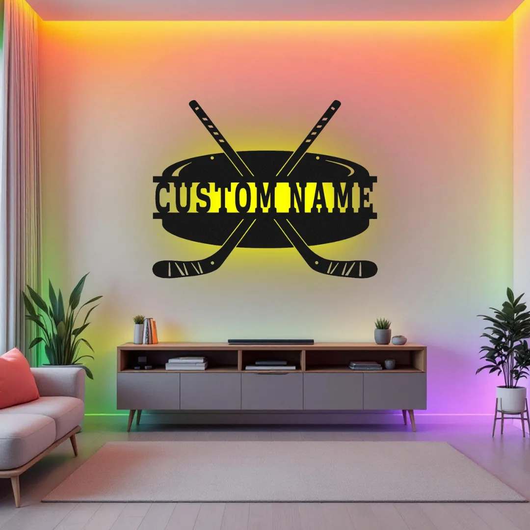 Laser cut hockey puck silhouette wall art LED and non-LED