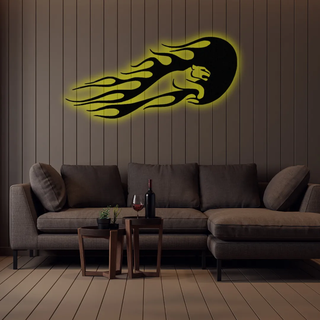 Yellow Fierce panther and flames metal wall hanging.
