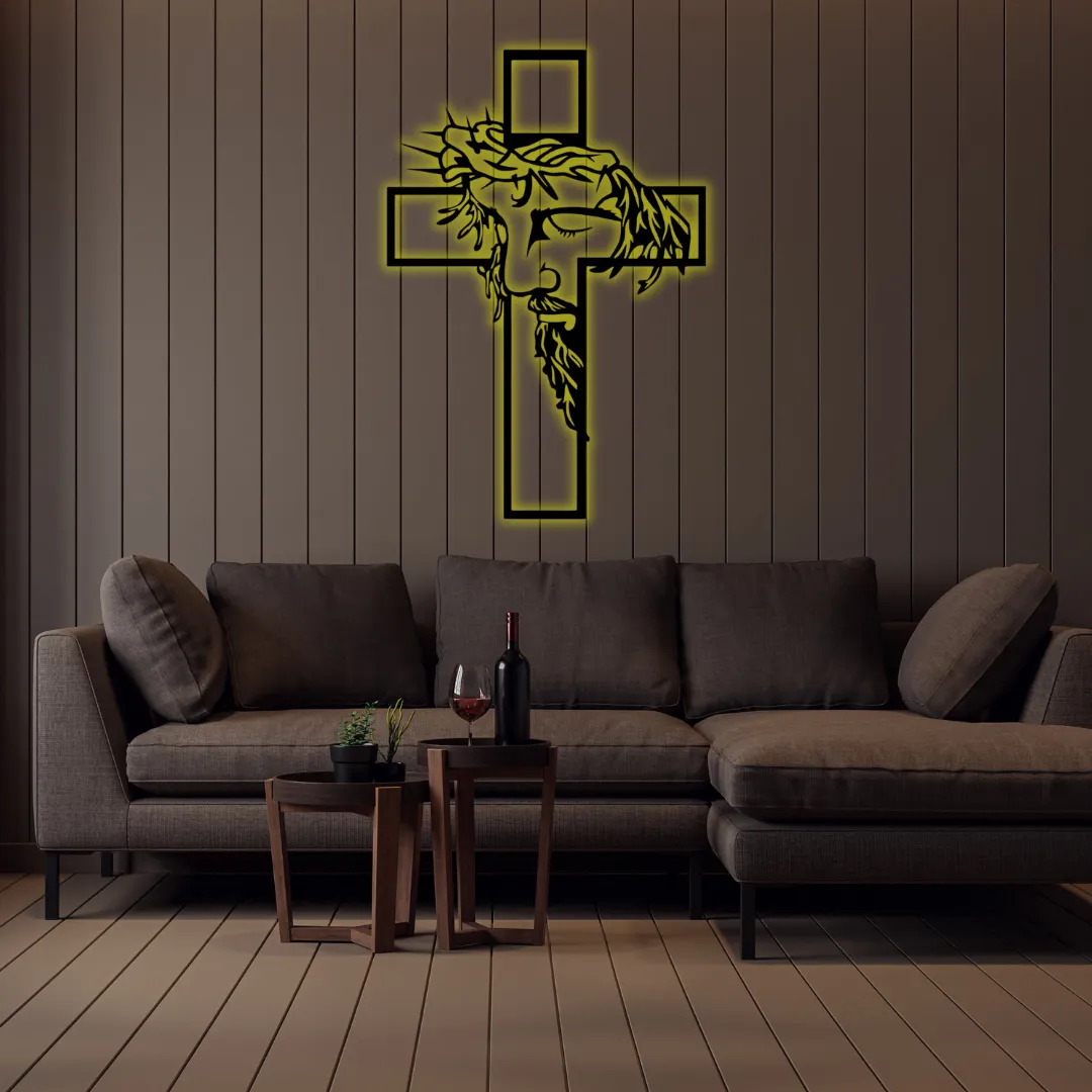 Yellow Jesus Cross Silhouette Faith-inspired cross metal art crown of thorns