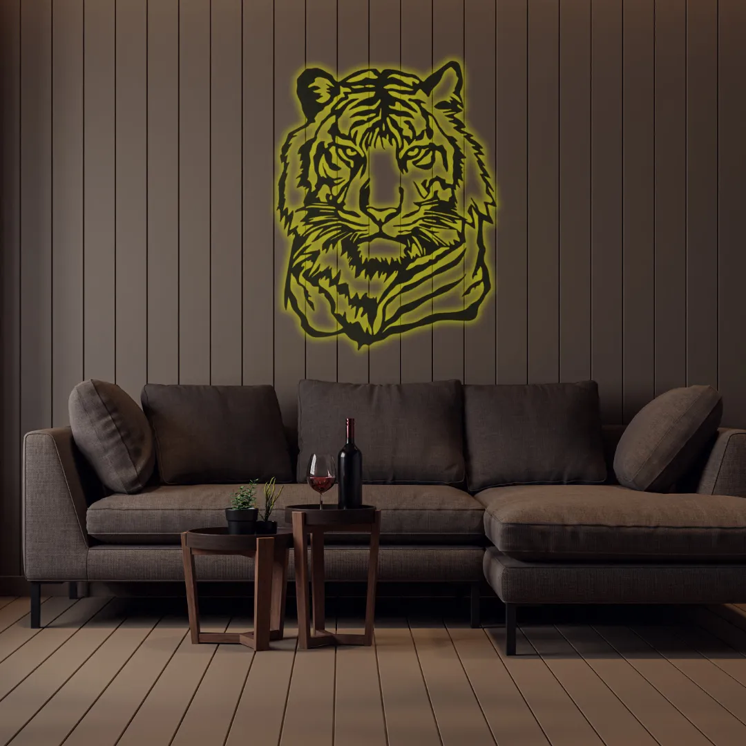 Yellow Majestic Tiger Silhouette Tiger face metal wall decor for living room or office.