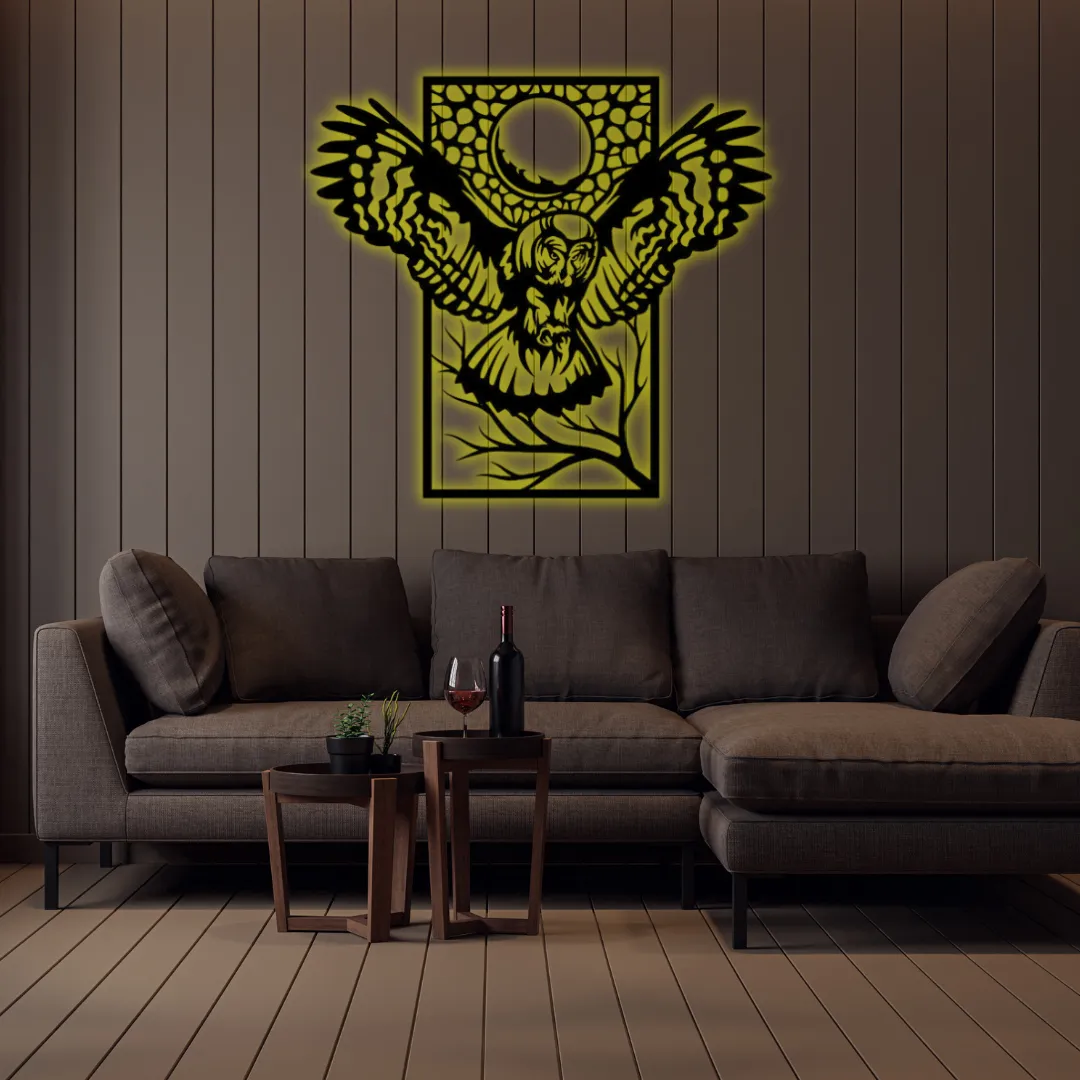 Yellow Moonlit Owl Silhouette Green Detailed owl in flight metal art for home decoration.
