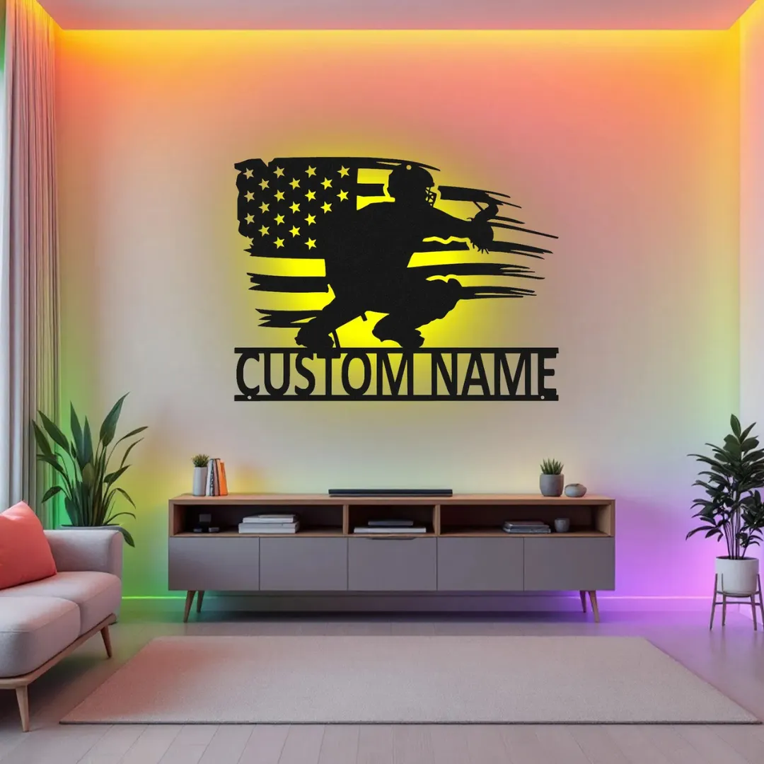Custom baseball catcher metal wall art with American flag