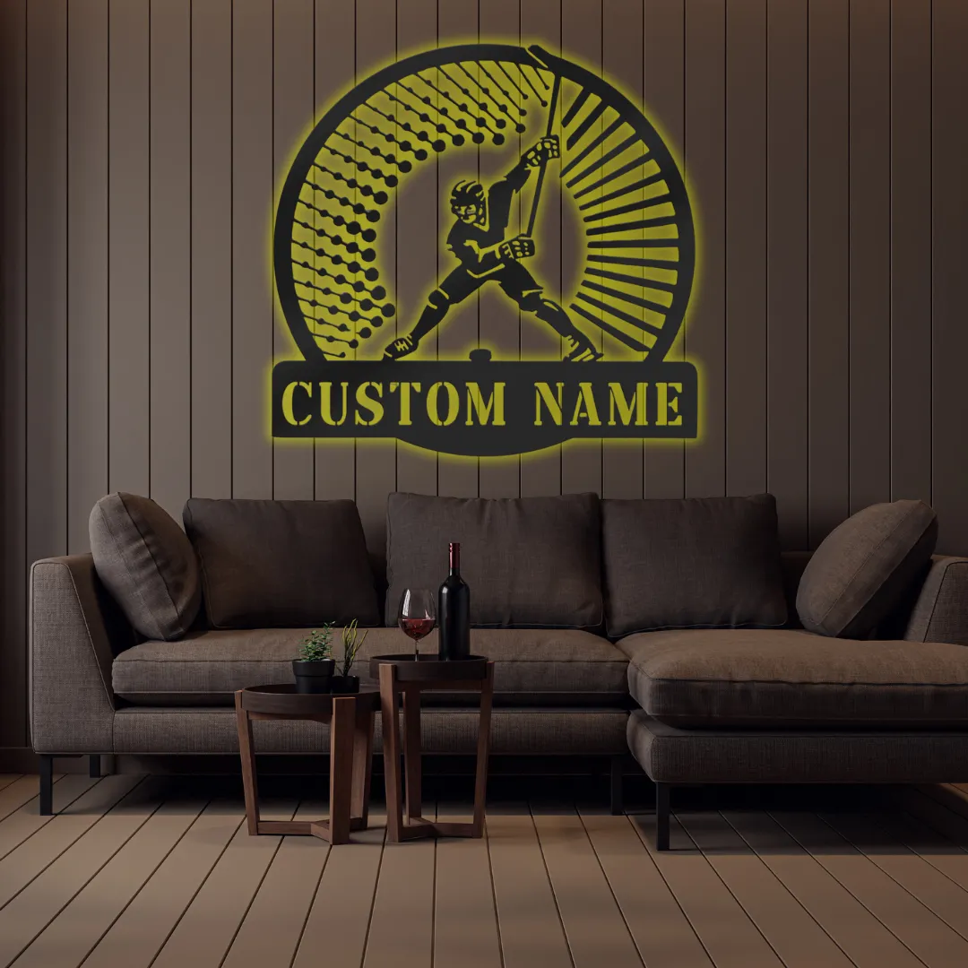 Yellow Custom hockey swing wall art design in black metal