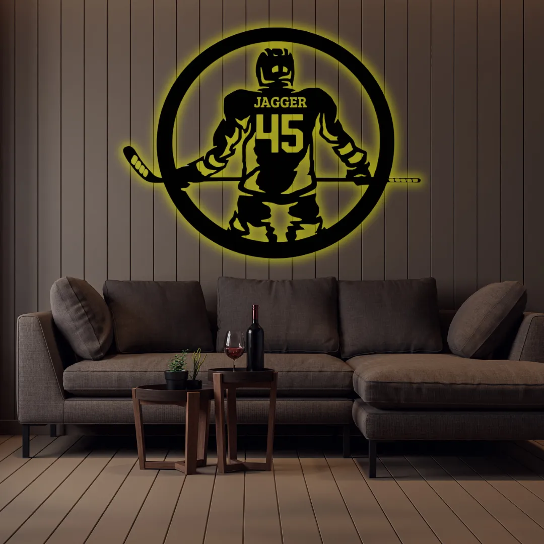 Yellow Custom hockey wall hanging with name and number inside round frame