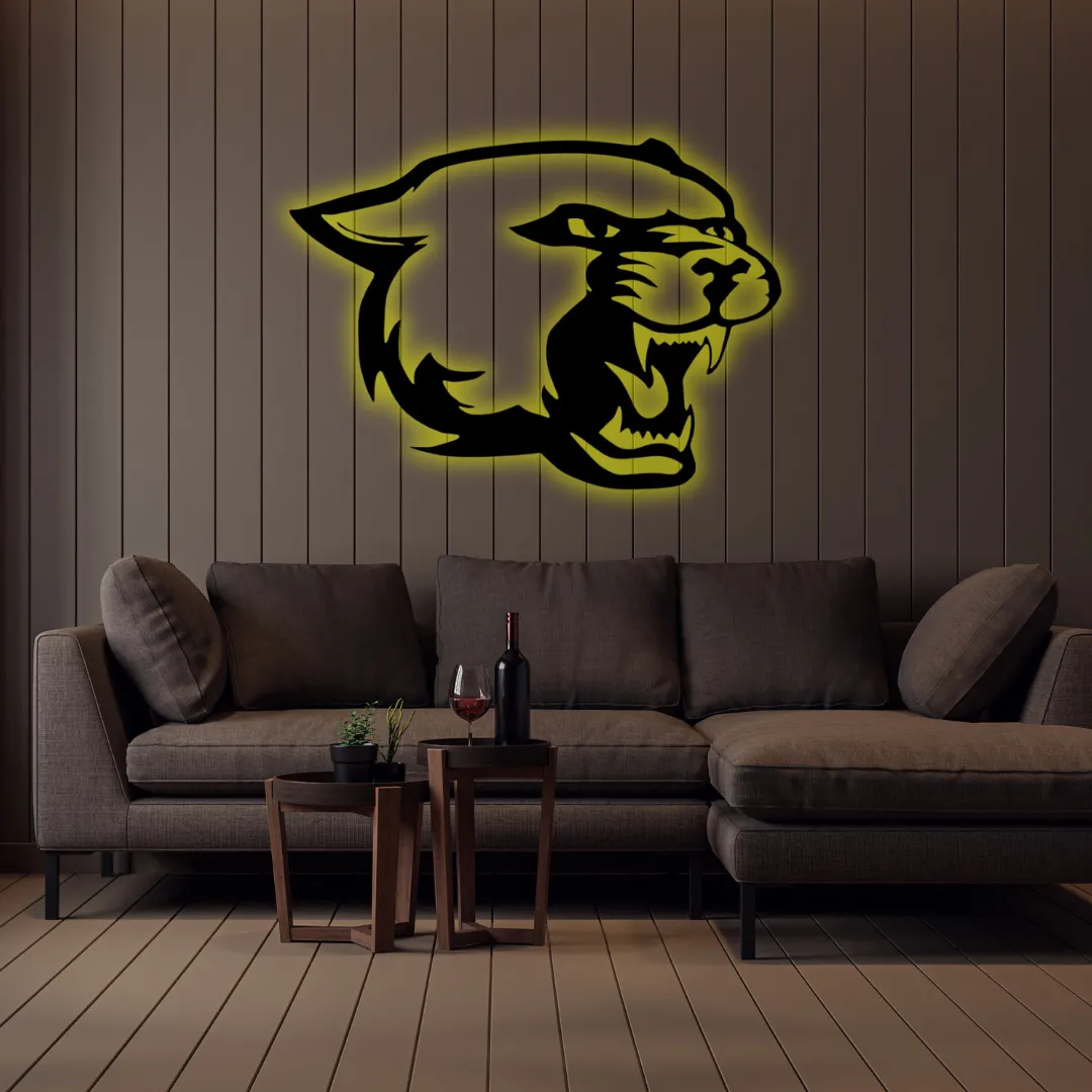Yellow Wildcat head wall art in contemporary home setting.