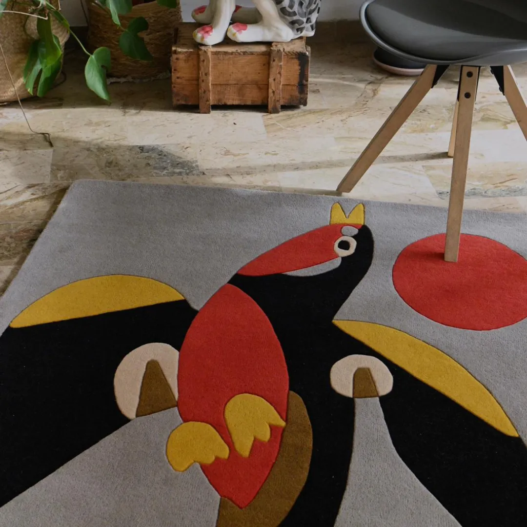 Luxury Aviara Rug – Bold Bird Artwork in Red, Blue, and Gold, Hand-Tufted Wool