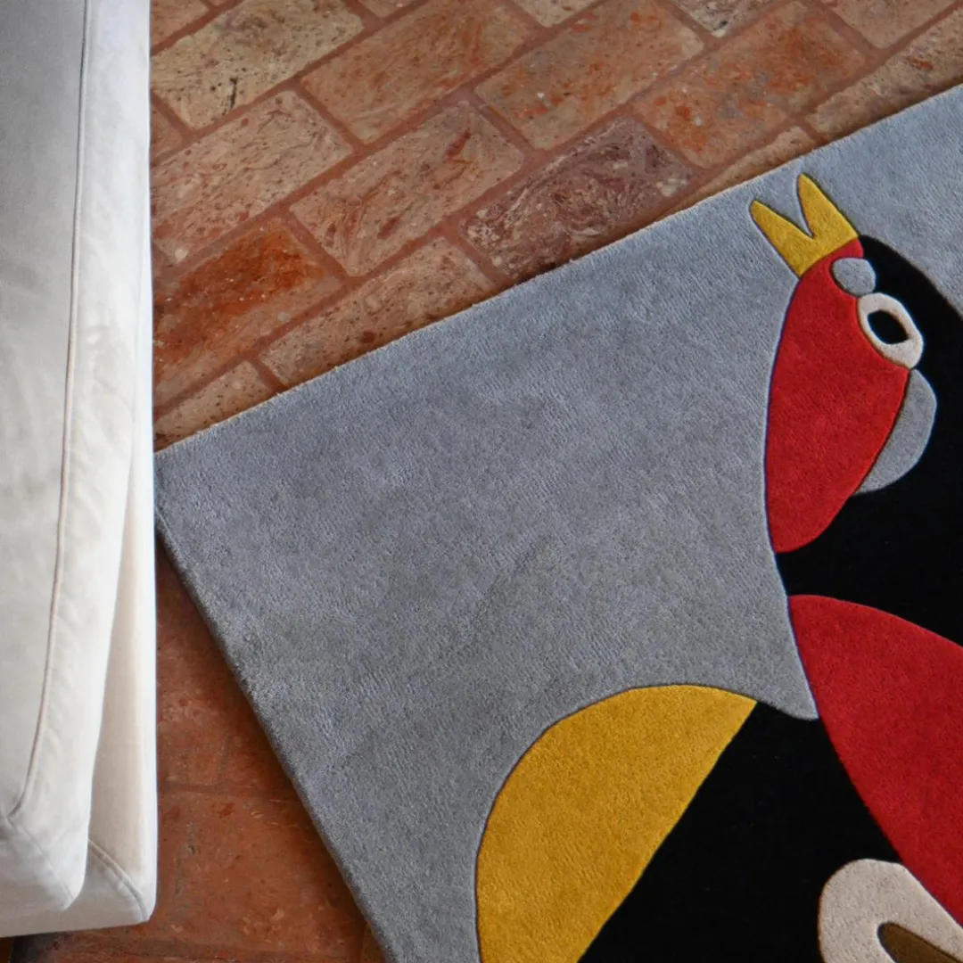 Elegant Aviara Rug with Bird-Inspired Design, Red and Blue Feathers, Hand-Tufted Wool