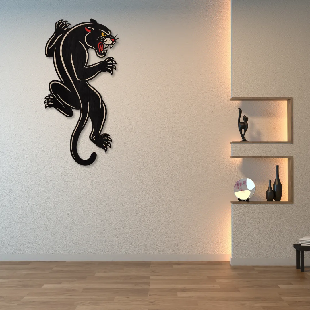 Black panther climbing wall art design – fierce handmade metal wall decor adding dynamic style to living room walls.