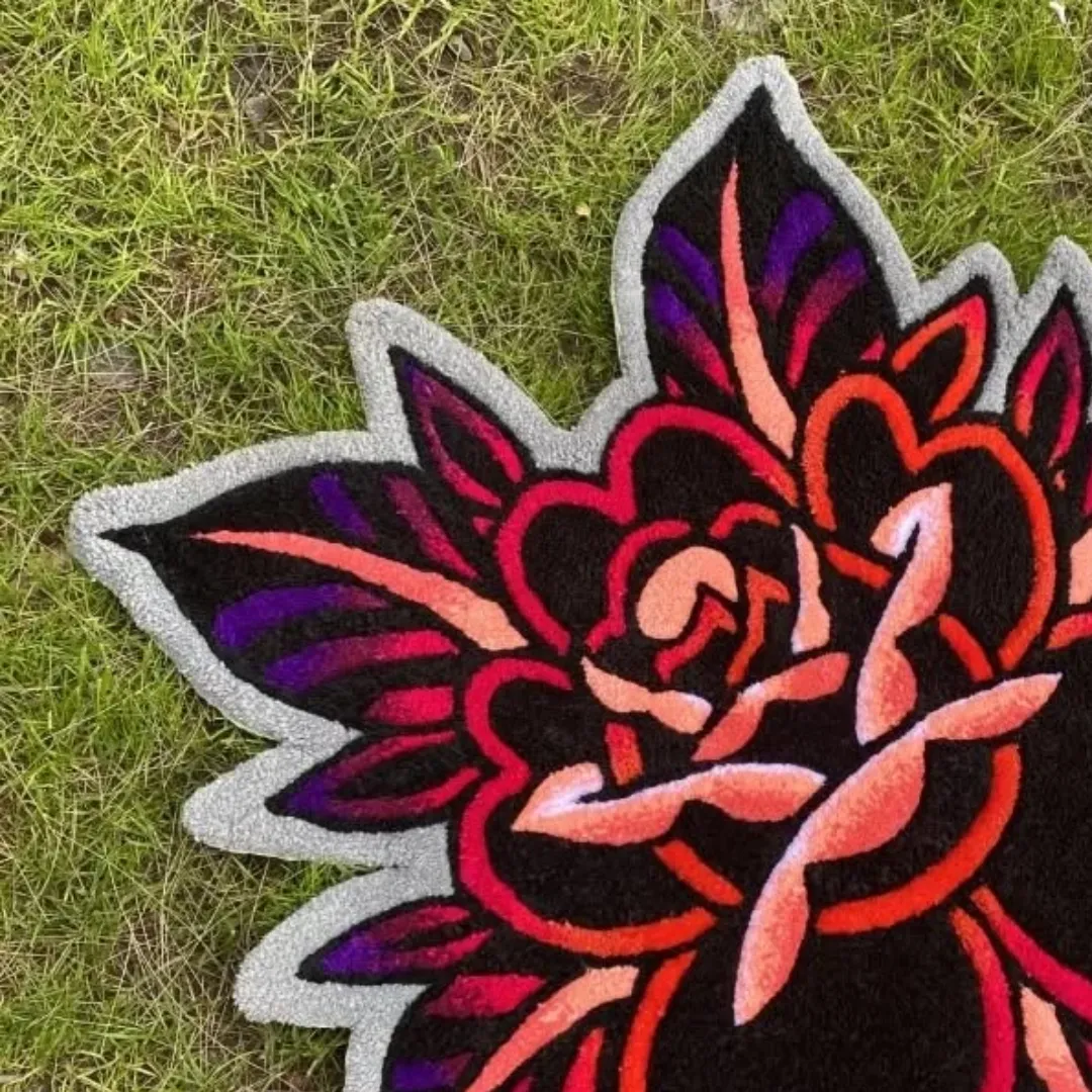 Bold Crimson Bloom Rug with fiery red petals and artistic flower pattern – hand-tufted wool rug