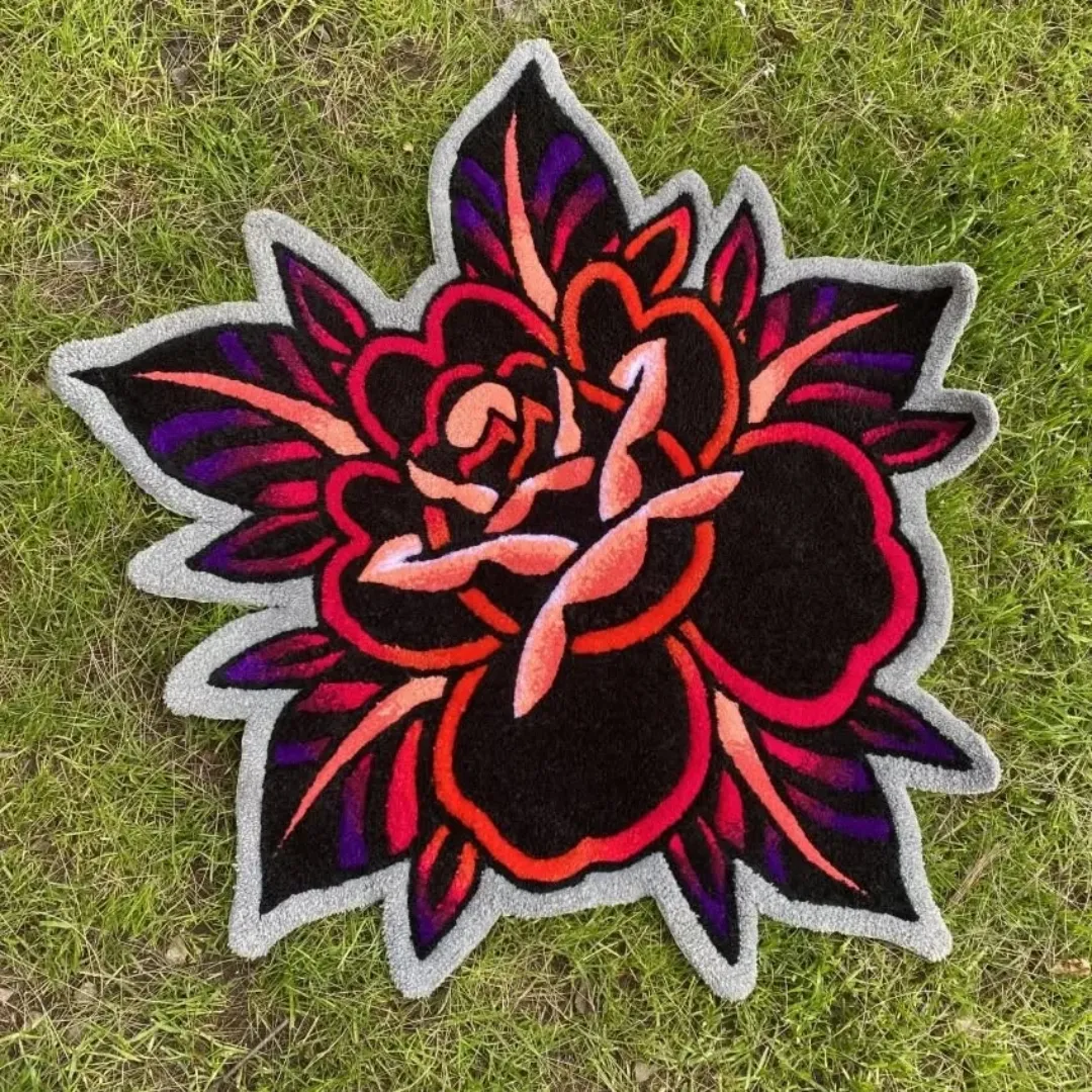 Crimson Bloom Rug featuring vibrant red and pink floral design with black background – handmade tufted rug by Sneagear