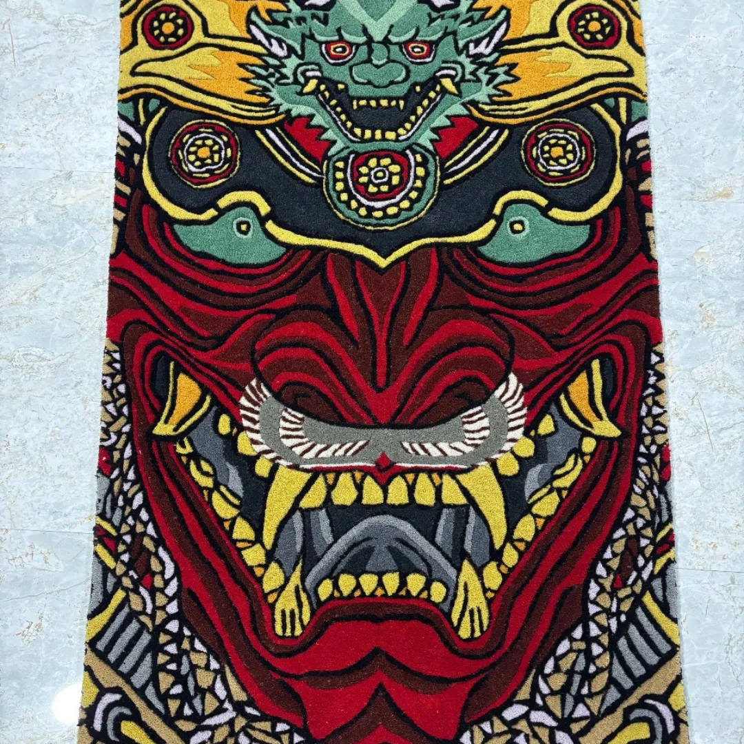 Vibrant Drakona Inferno Rug with mythical dragon and Oni-inspired artwork in red, gold, and teal tones