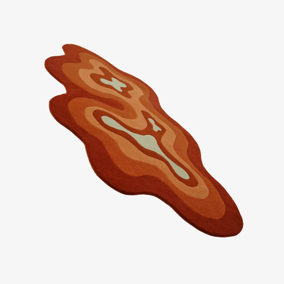 Modern Ember Flow Rug with organic ripple pattern blending earthy red, orange, and light blue hues