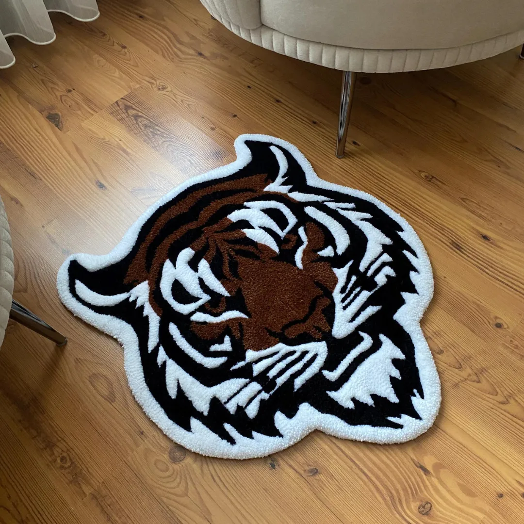 Ember Tattoo Rug Brown and white tiger pattern area rug for living room decor