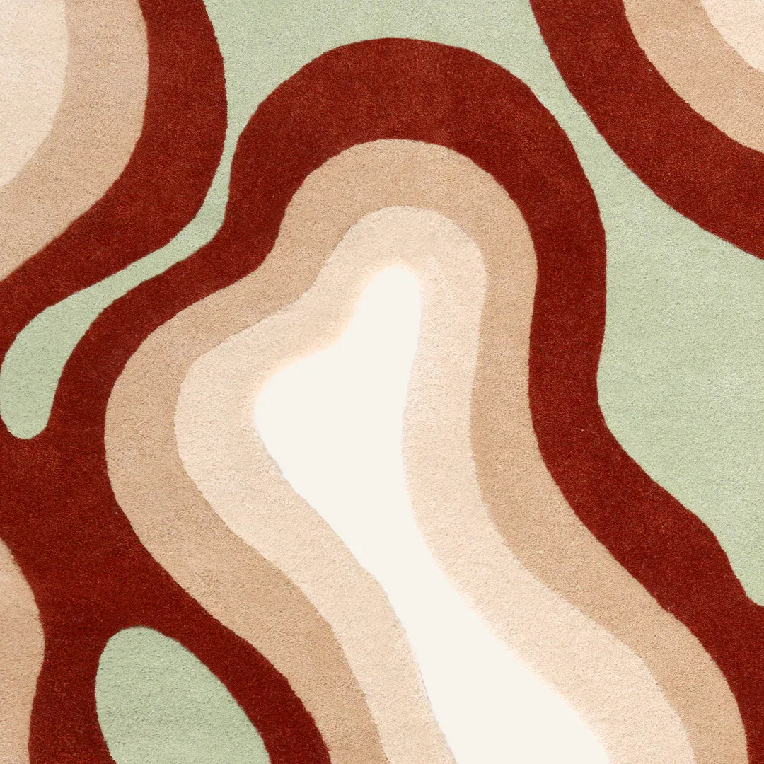 Contemporary rug in natural beige and brown tones with fluid layered shapes – Grounded Glow handmade area rug