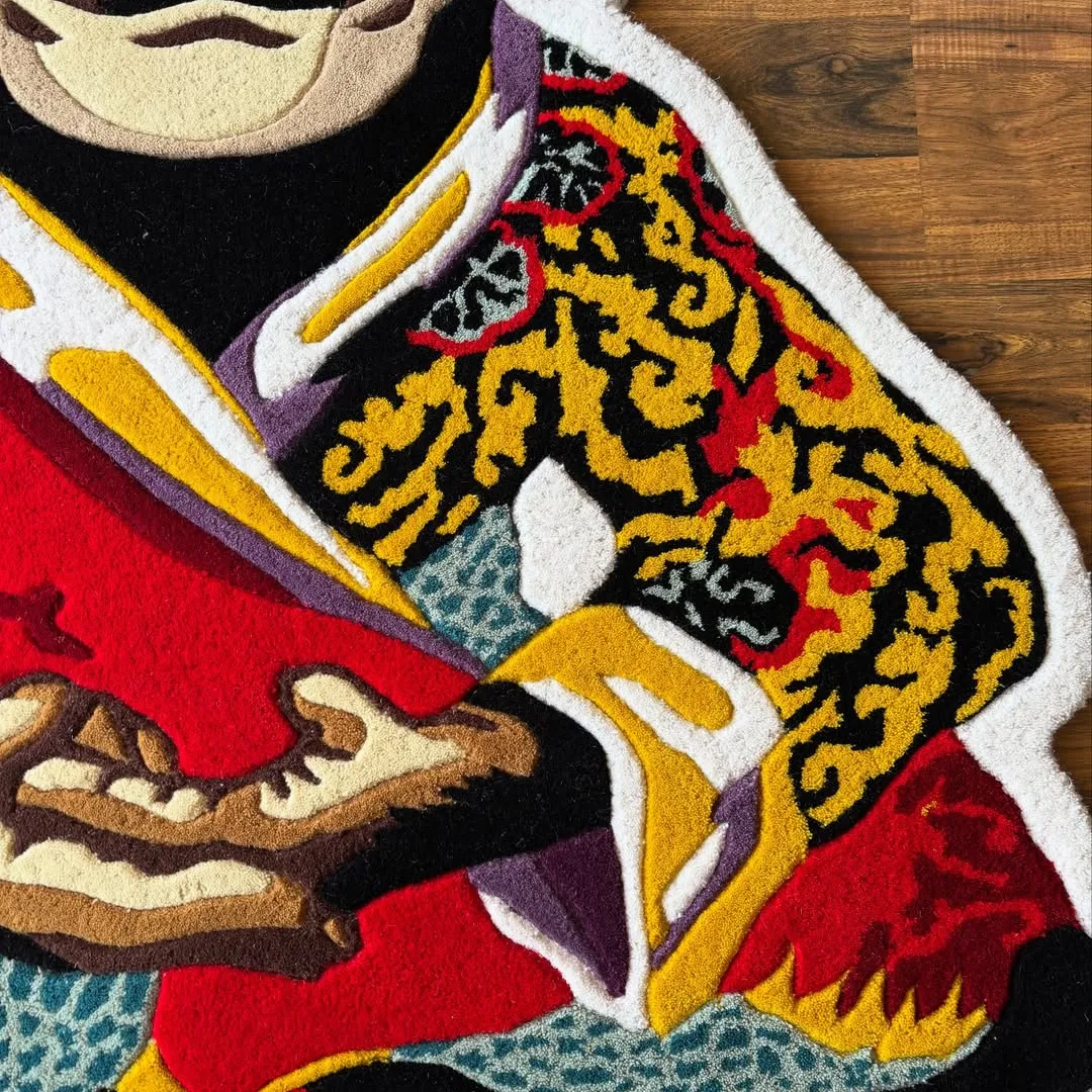 Hanumo Inked Vibrant Hanumo Rug with detailed monkey figure wearing red and gold robe – artistic wool rug