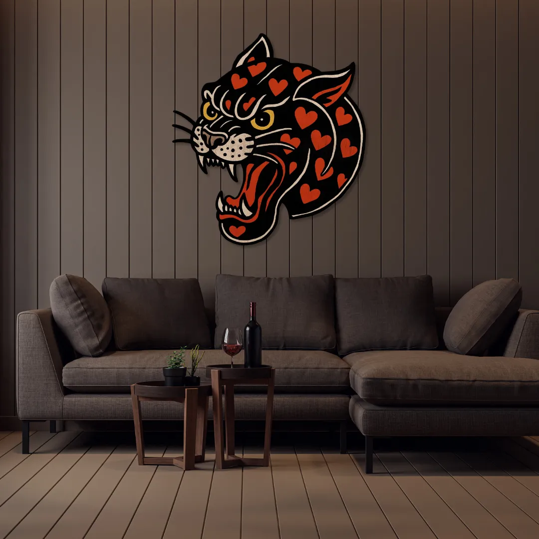 Decorative black panther wall art with heart motifs – handcrafted statement metal artwork for stylish living rooms.