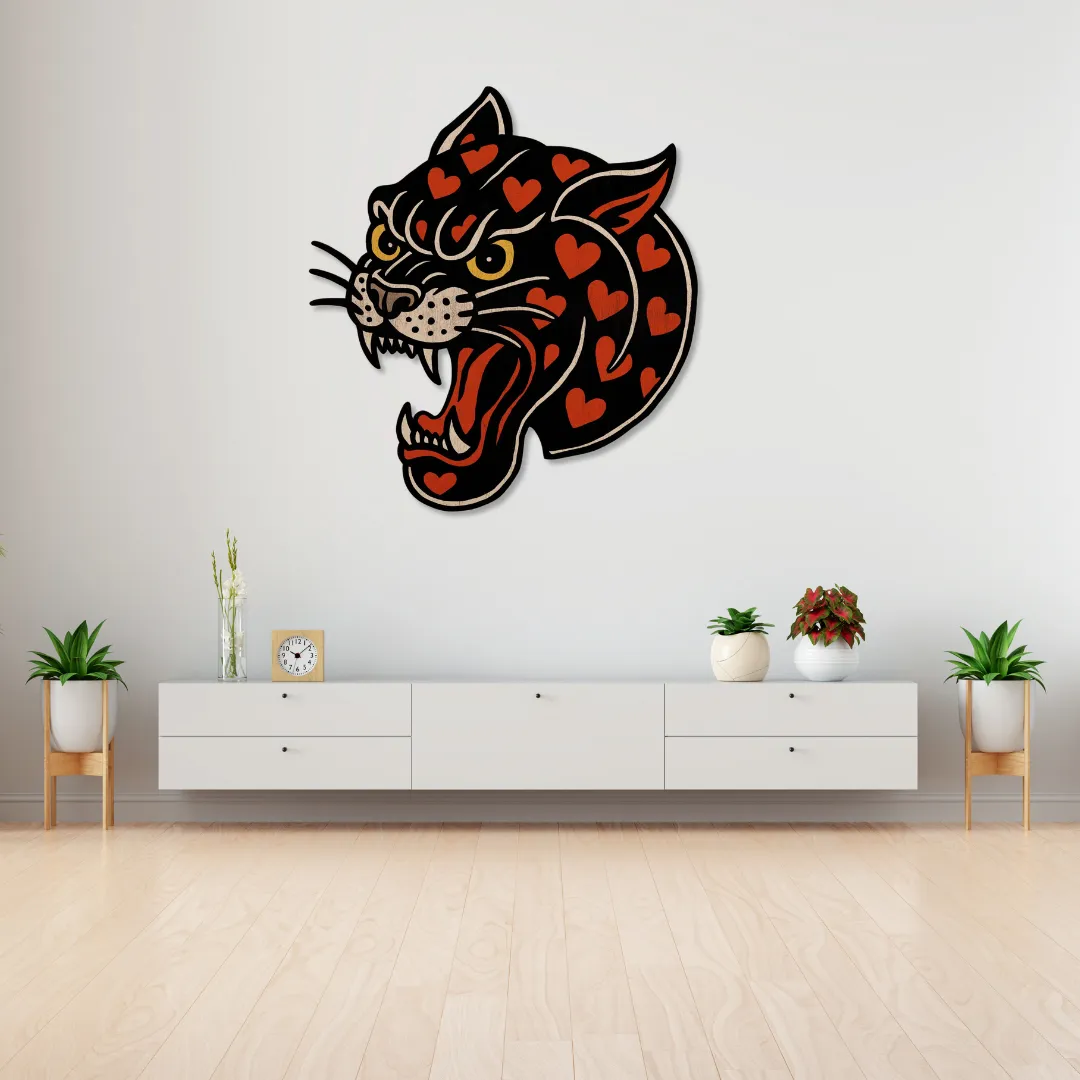 Sneagear Heart Panther metal wall art – unique fusion of wild energy and romantic artistry for home decor.