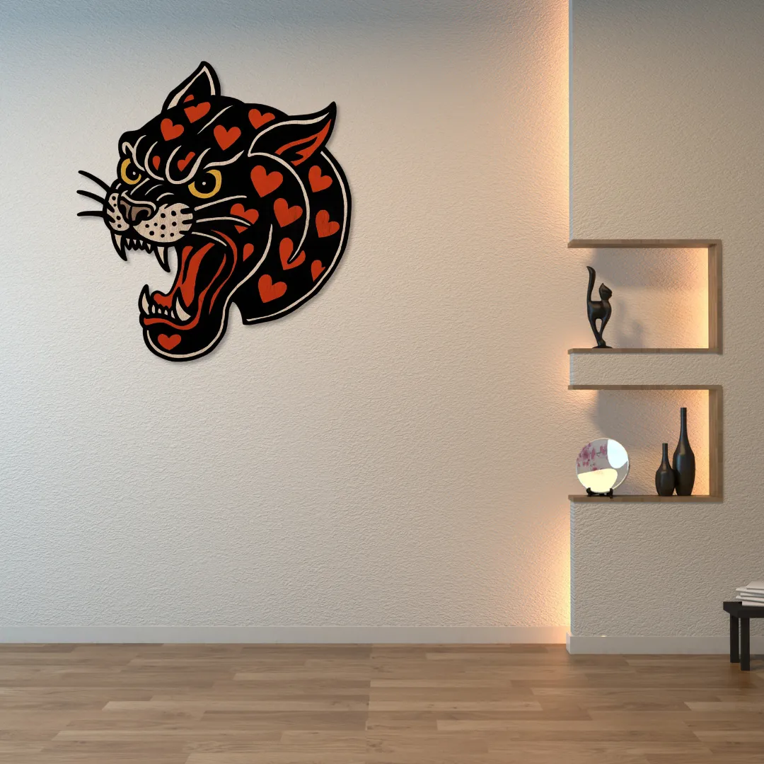Roaring panther head metal wall art with red heart pattern – bold handmade wall decor for modern interiors.