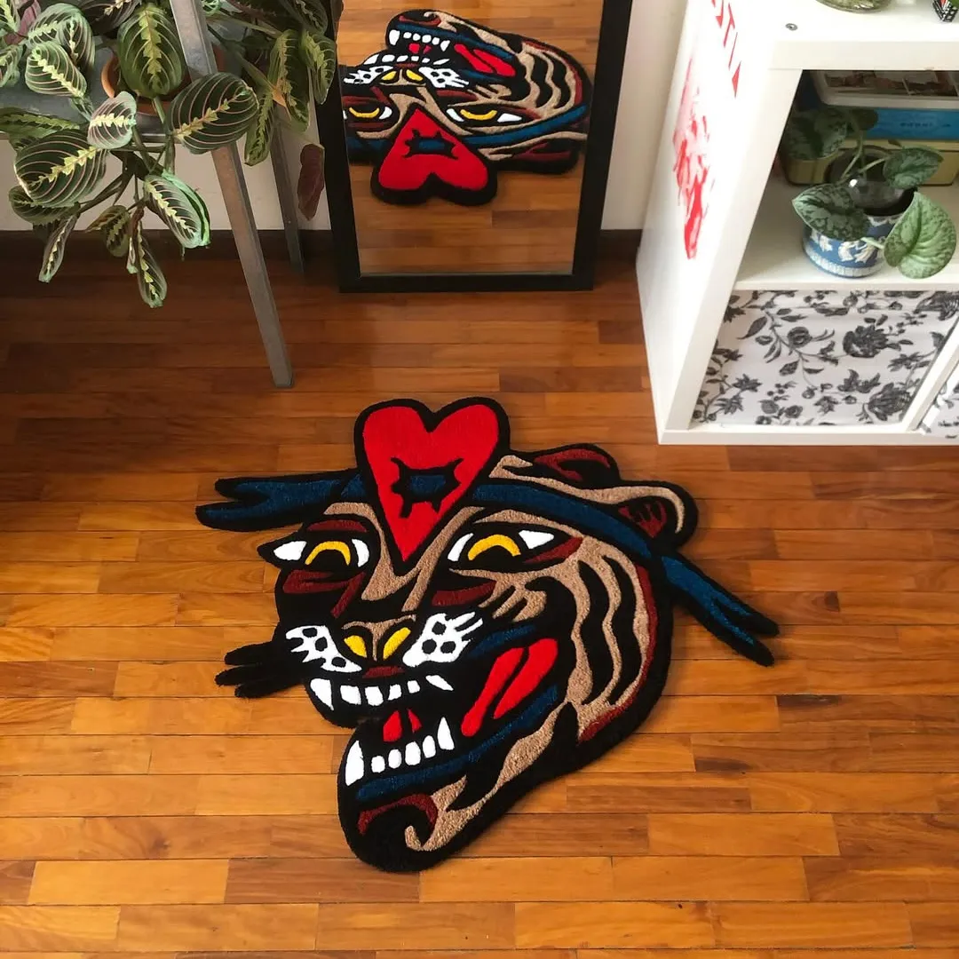 Heartbreak Beast Rug Heartbreak Beast Rug featuring bold tiger face with red heart and expressive eyes – hand-tufted rug