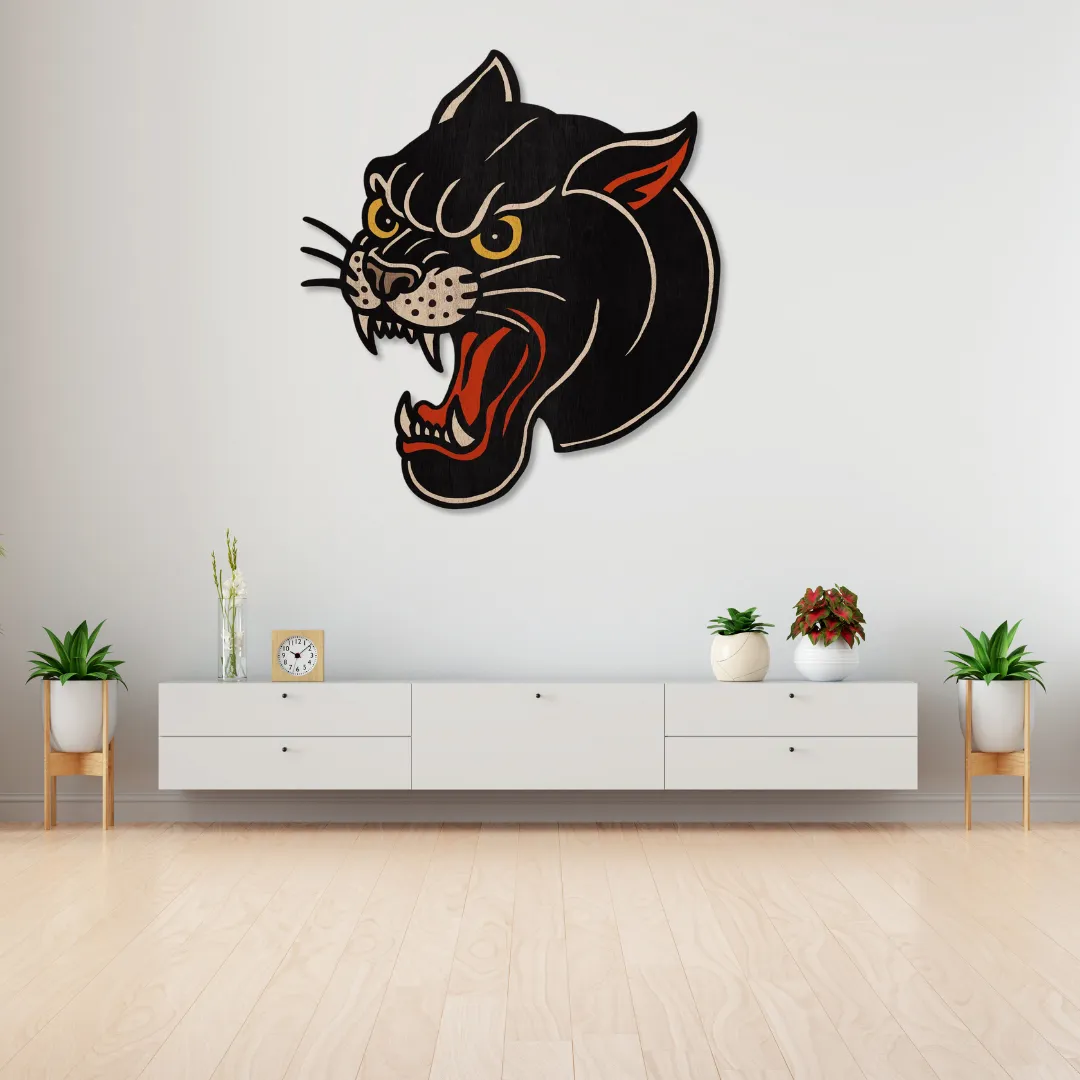 Wild panther face wall art with detailed expression – handcrafted statement metal artwork by Sneagear.
