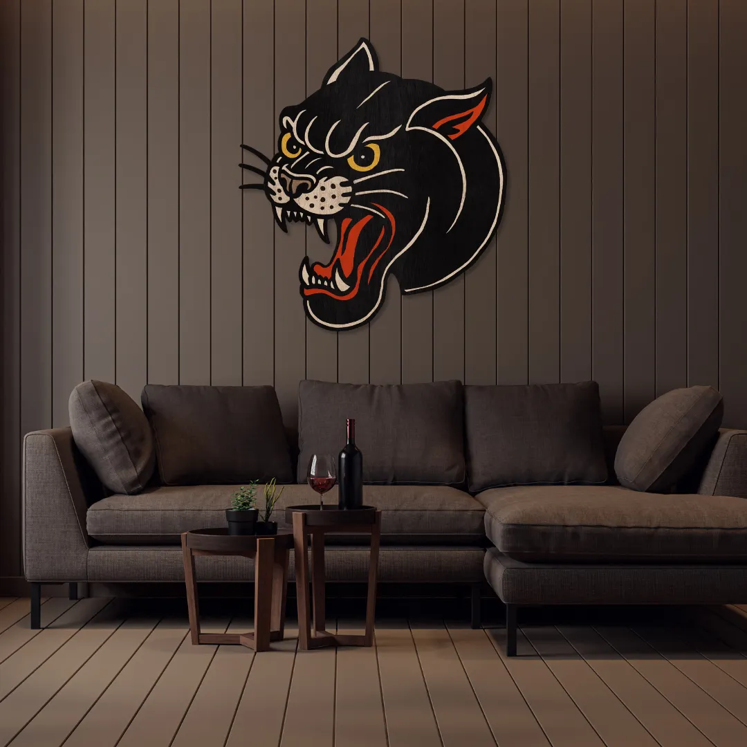 Sneagear Roaring Panther metal wall art adding dramatic, artistic flair to contemporary home decor.