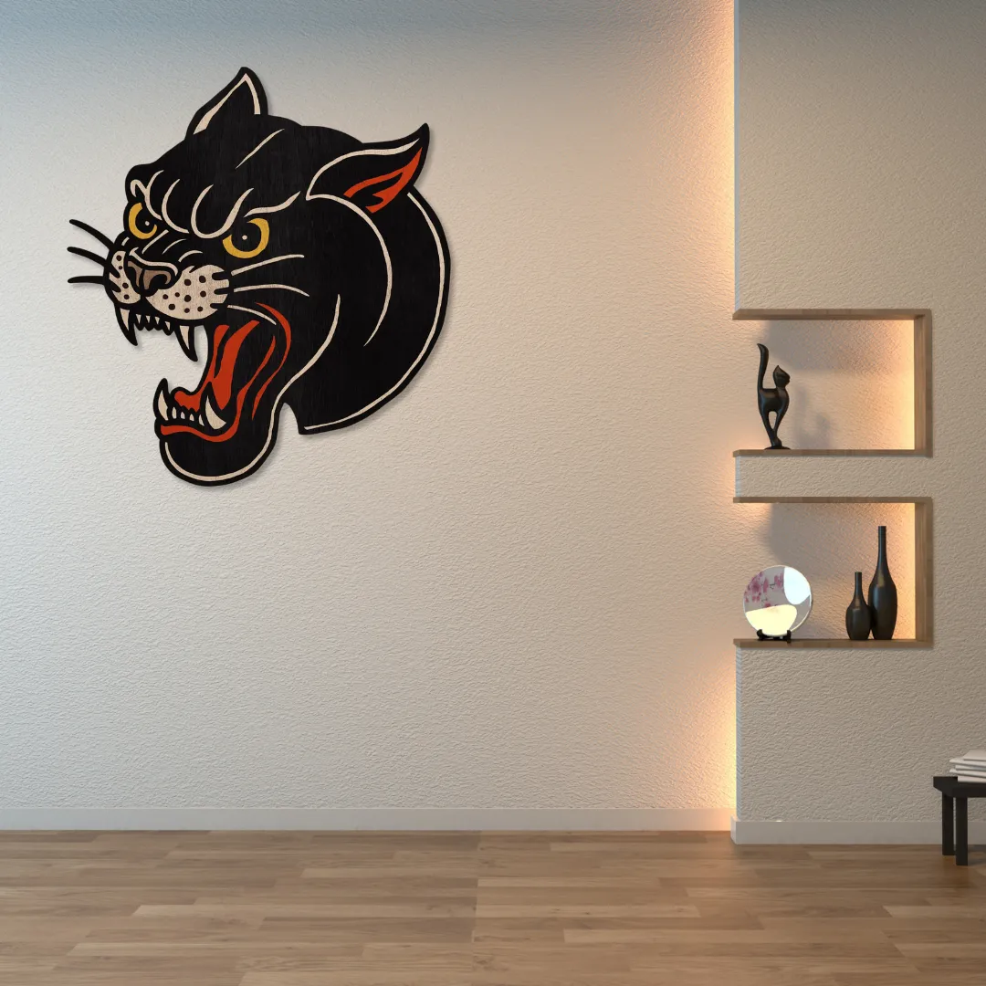 Black panther head metal wall art design – bold handmade wall decor for modern living room interiors.