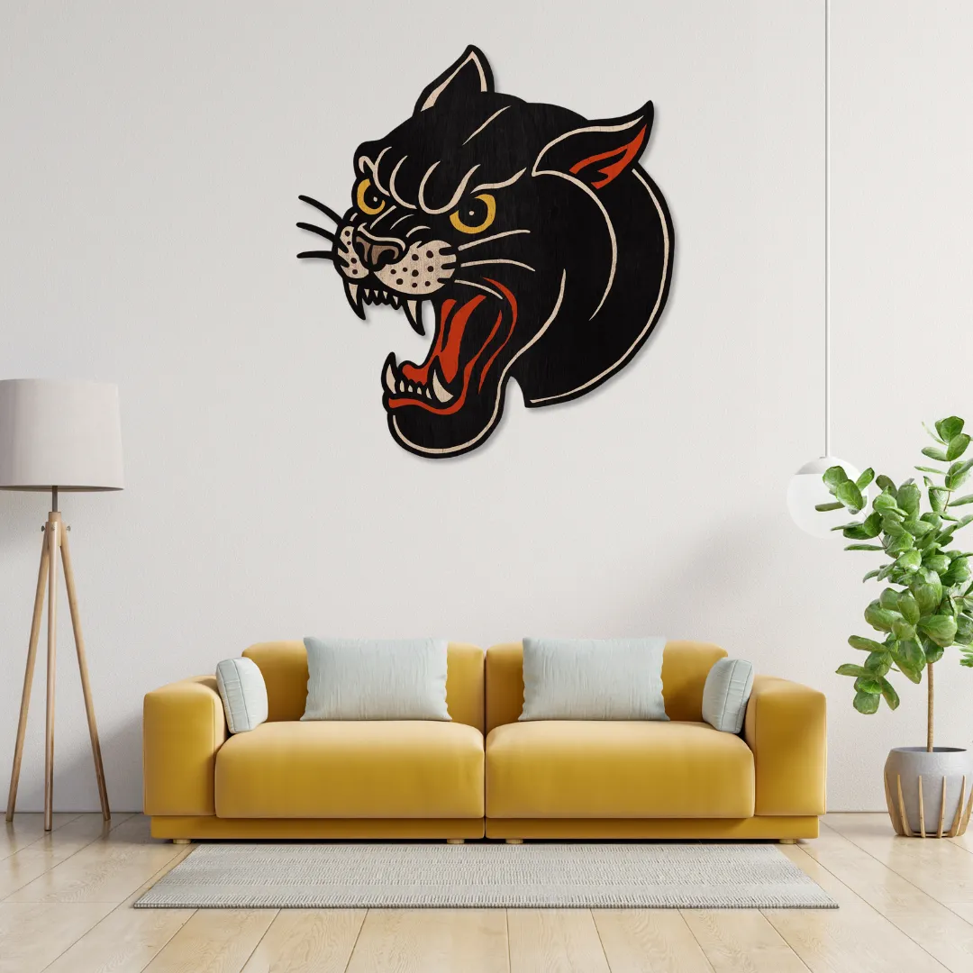 Roaring Panther Wall Art above mustard sofa – fierce handcrafted metal wall decor by Sneagear.