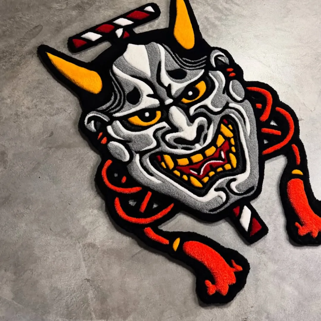 Inferno Inked Rug Inferno Oni hand-tufted rug with Japanese demon face and red rope accents – bold floor art by Sneagear