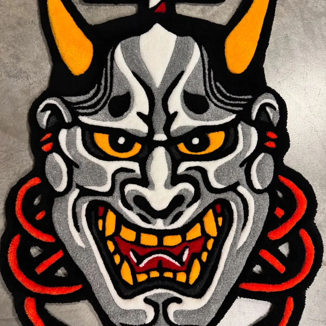 Inferno Oni Inked Rug Fiery Oni mask rug with intricate details, bright horns, and demonic expression – handmade tufted rug