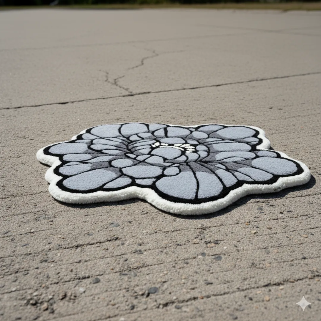 Elegant Lunar Bloom Rug with abstract flower design in monochrome gray tones – hand-tufted wool rug