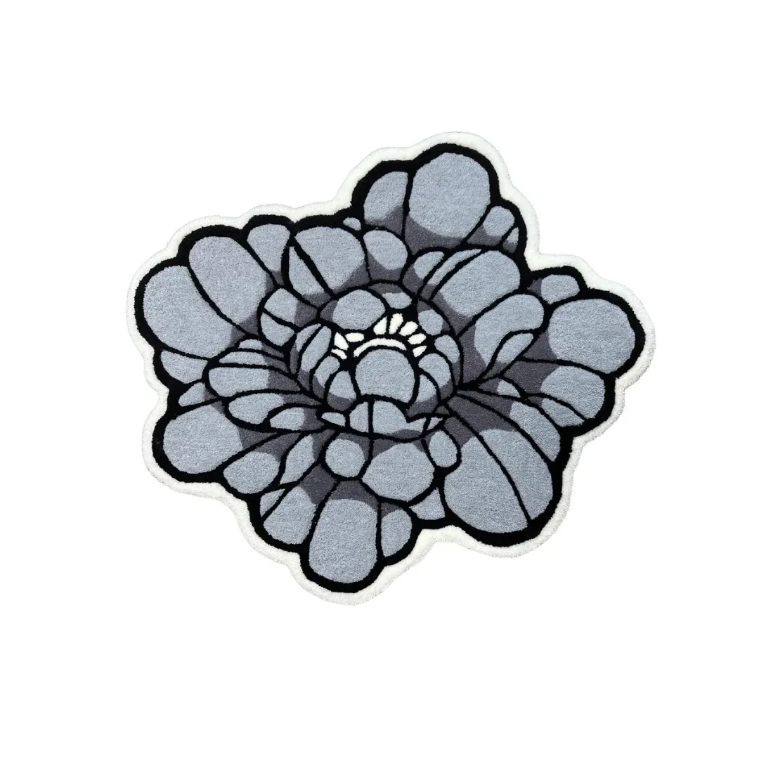 Lunar Bloom Rug featuring soft gray floral pattern with bold black outlines – handmade tufted rug by Sneagear