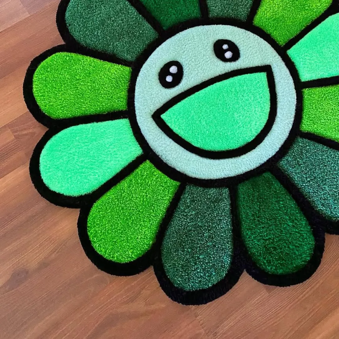 Minty Muse Takashi Rug Green floral-shaped Minty Muse Rug made from soft wool, featuring mint and emerald shades with a happy artistic design.