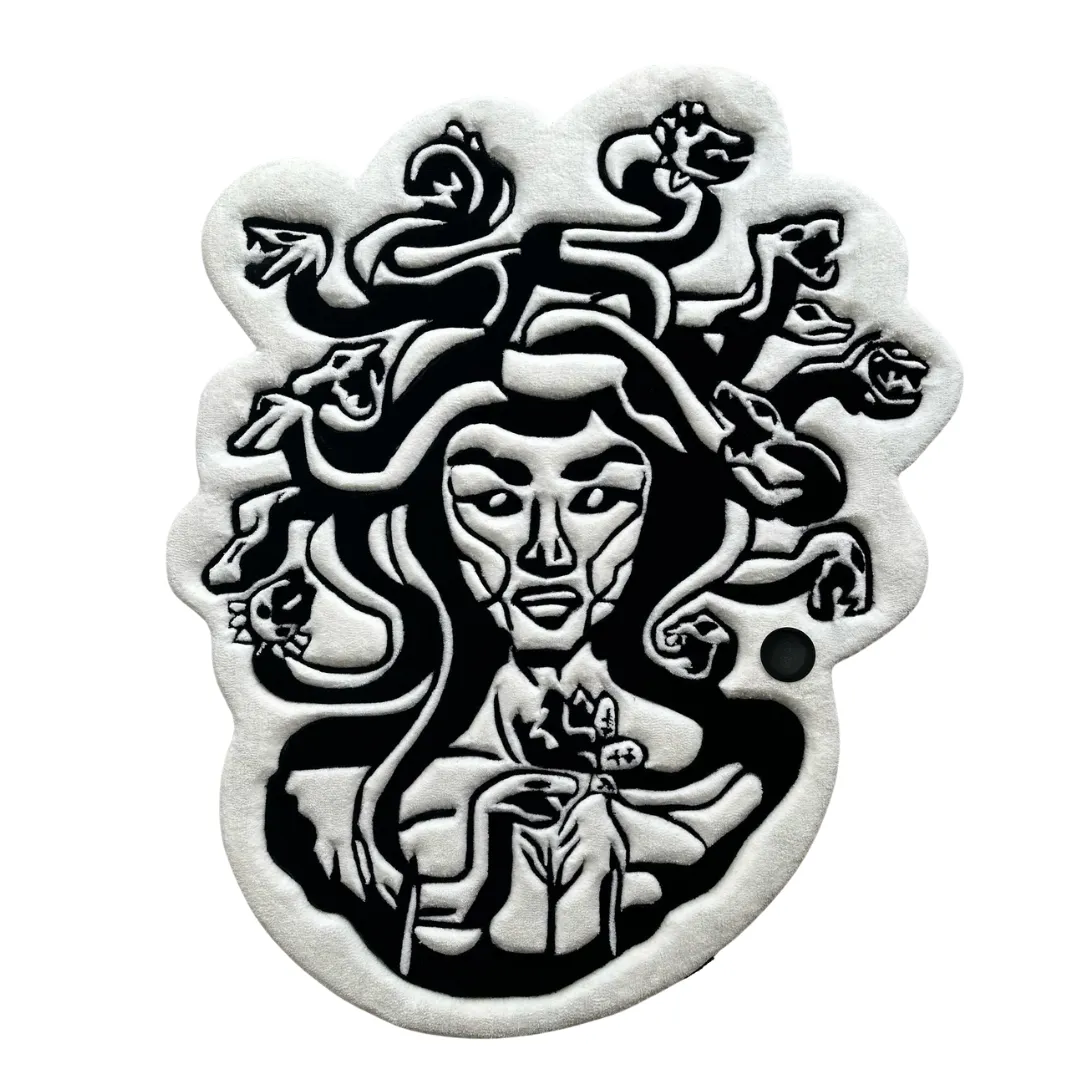 Mythic Gaze Rug Mythic Gaze Inked Rug featuring detailed Medusa-inspired black and white design – hand-tufted rug