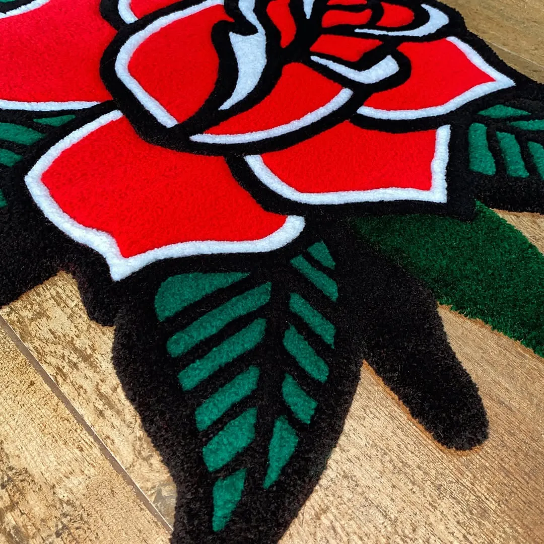 Vibrant Nocturne Bloom Rug with traditional tattoo-style rose pattern in red, white, and green tones