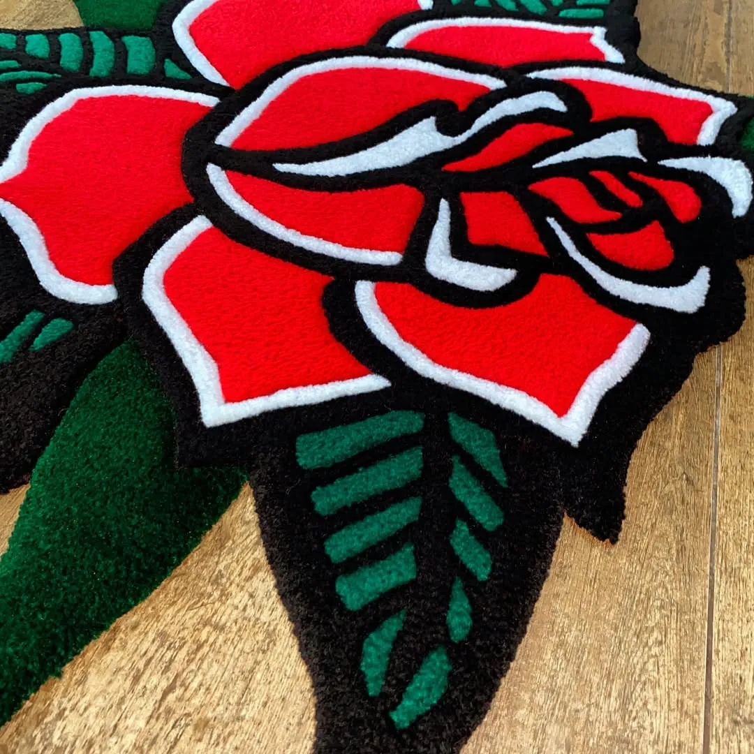 Nocturne Bloom Rug featuring vintage tattoo art rose design – perfect for bold and creative interiors