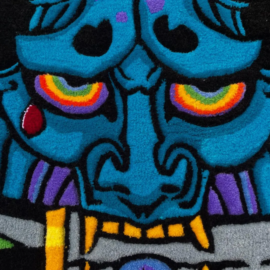 Oni Surge Tattoo Rug Unique Japanese-inspired Oni rug design in blue, yellow, and black tones – handmade wool rug