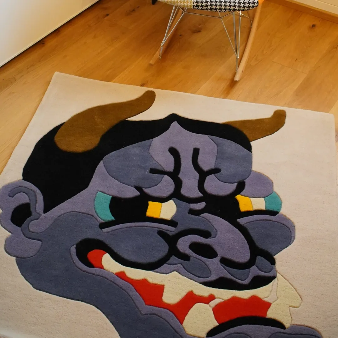 Onyra Rug – Artistic Mythic Mask Design with Deep Violet and Crimson Details