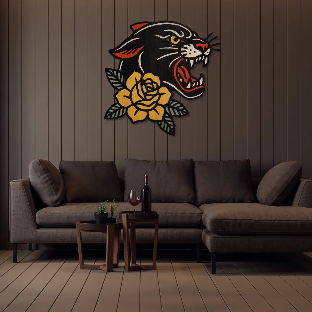 Sneagear Panther Yellow Flower metal wall art adding a striking artistic touch to modern living spaces.