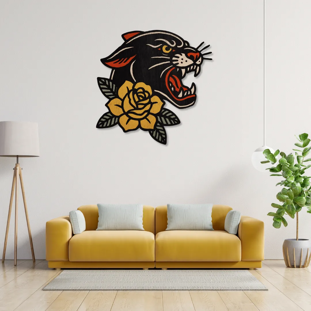 Panther Yellow Flower Wall Art displayed above mustard sofa – fierce handcrafted metal artwork by Sneagear.