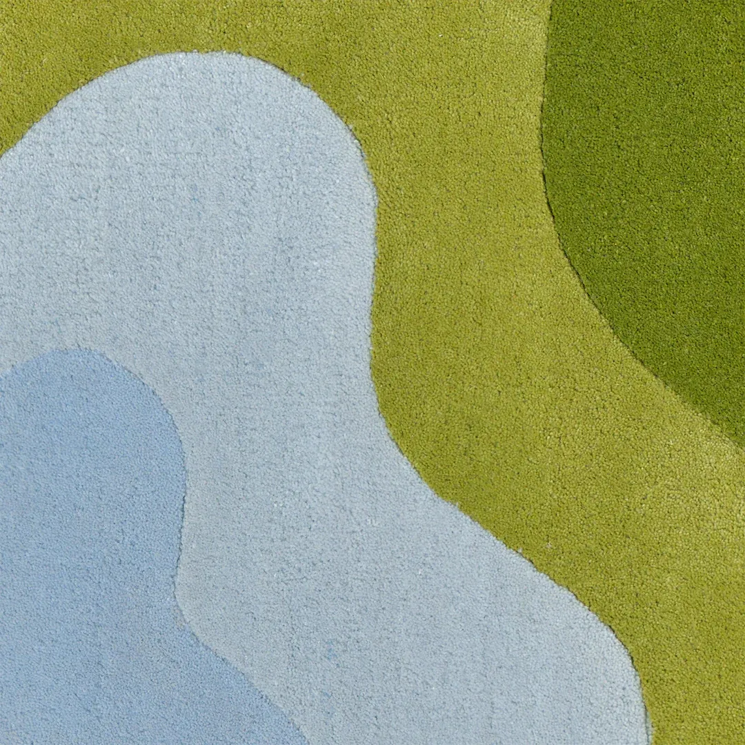 Contemporary green and blue rug with fluid layered shapes – Olive Pool handmade design